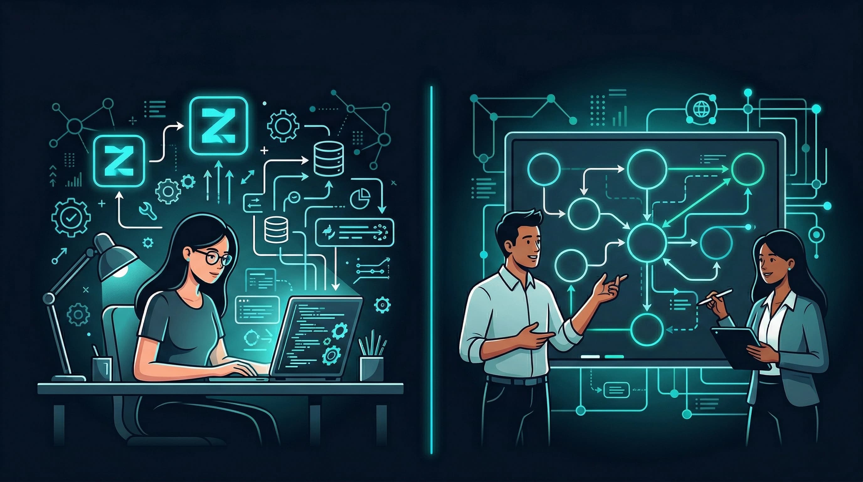 Split comparison of DIY automation with Zapier versus hiring an AI automation consultant for small business