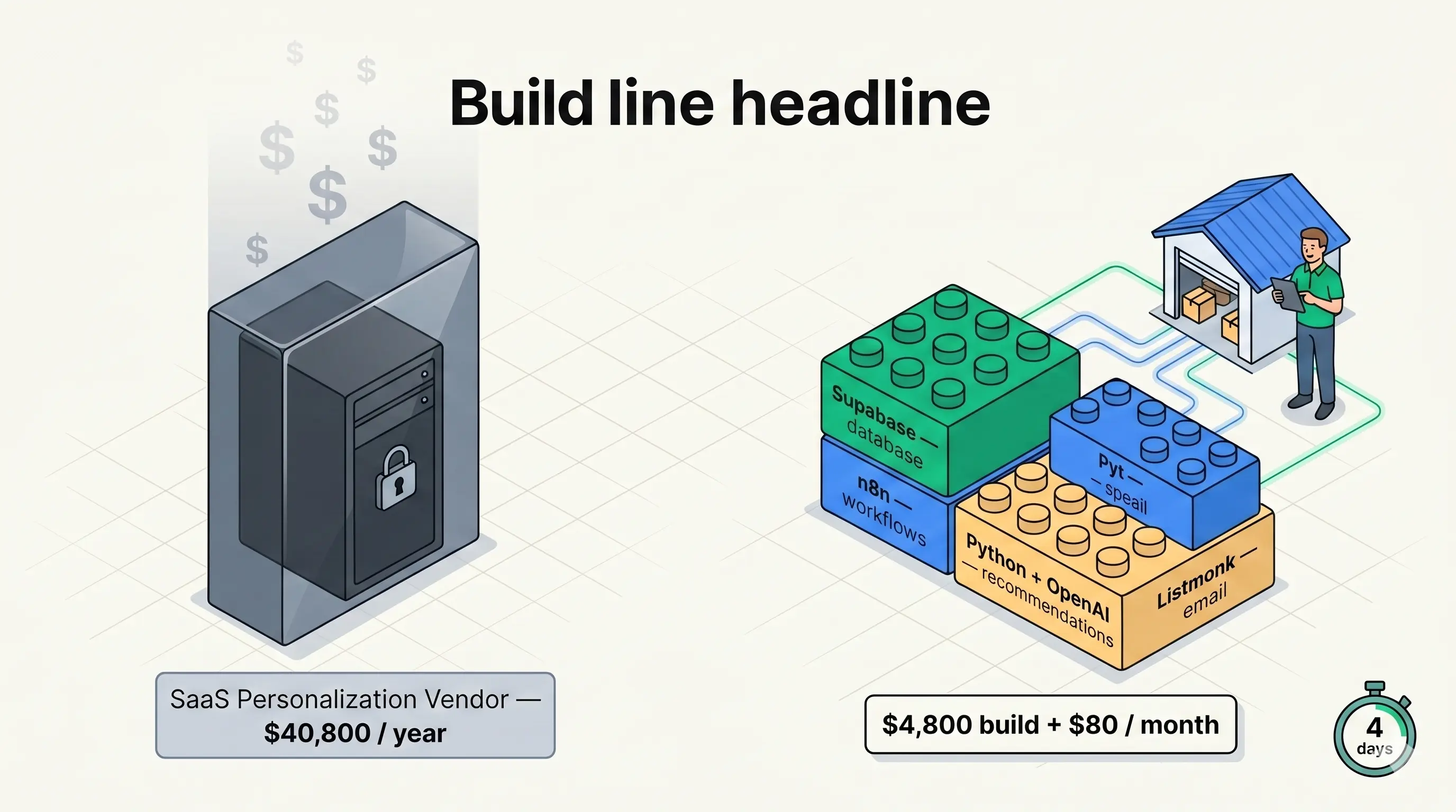 Open-source stack diagram replacing a $2,400/month SaaS personalization vendor for a small B2B distributor